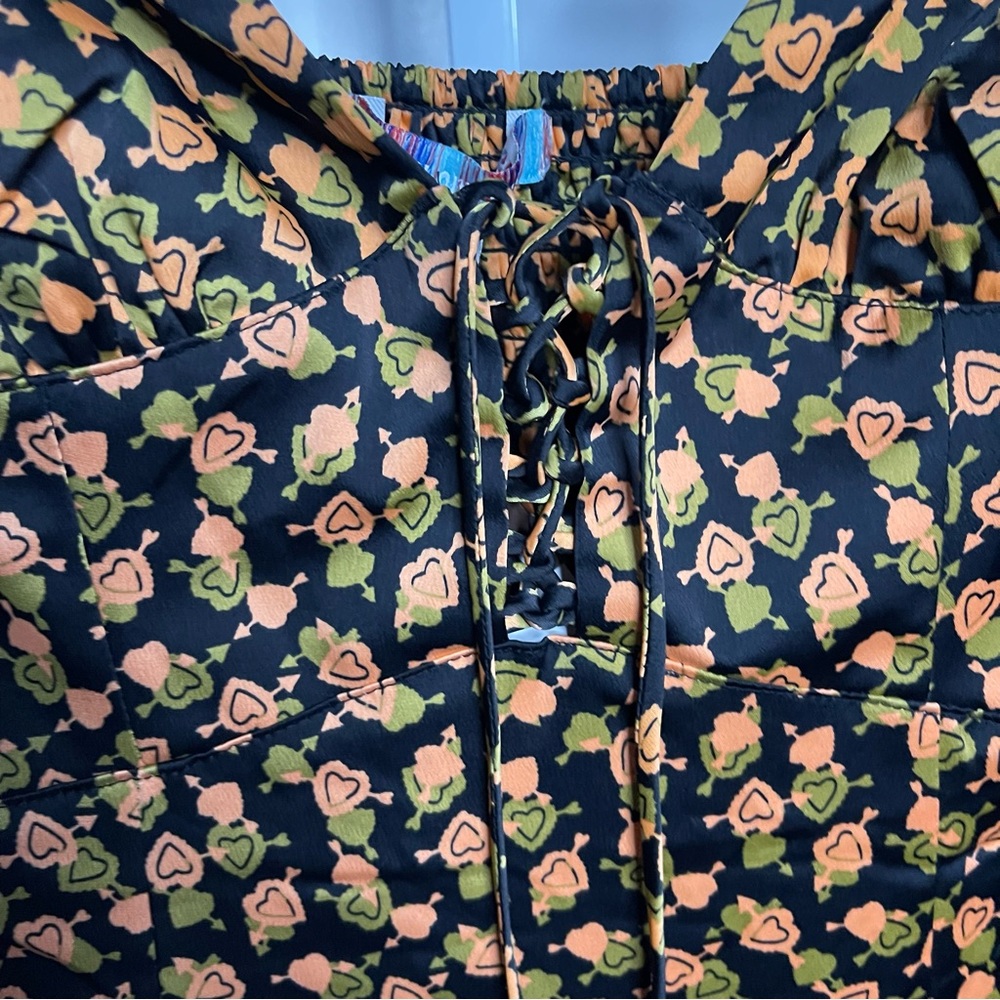 Urban Outfitters Heart Print Midi Dress Size M Black Orange Green Smocked Back
